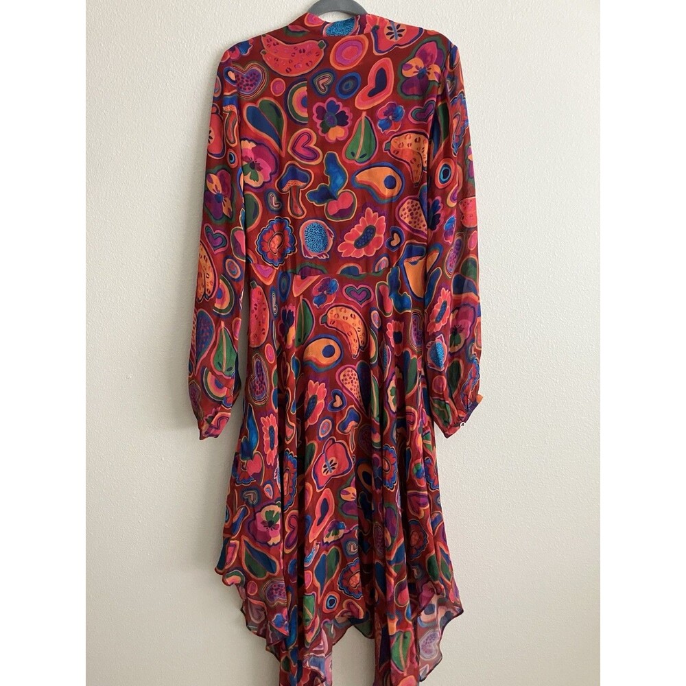 Farm Rio Sheer Midi Dress Asymmetric Hem Colorful Boho Heart Mushroom Large New - Picture 4 of 9